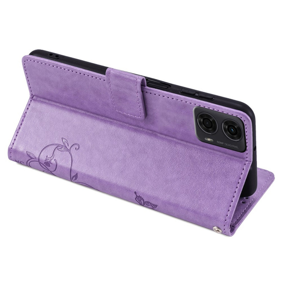 Etui z klapką do Motorola Moto E14, Butterflies, fioletowe