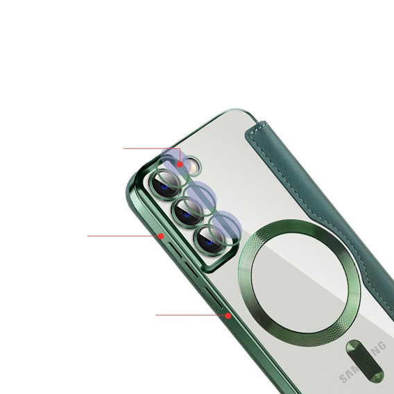 Etui z klapką do Samsung Galaxy S22 5G, RFID Wallet MagSafe z ochroną aparatu, zielone
