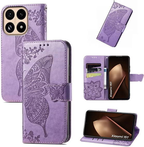 Etui z klapką do Xiaomi 15T, Butterfly, fioletowe