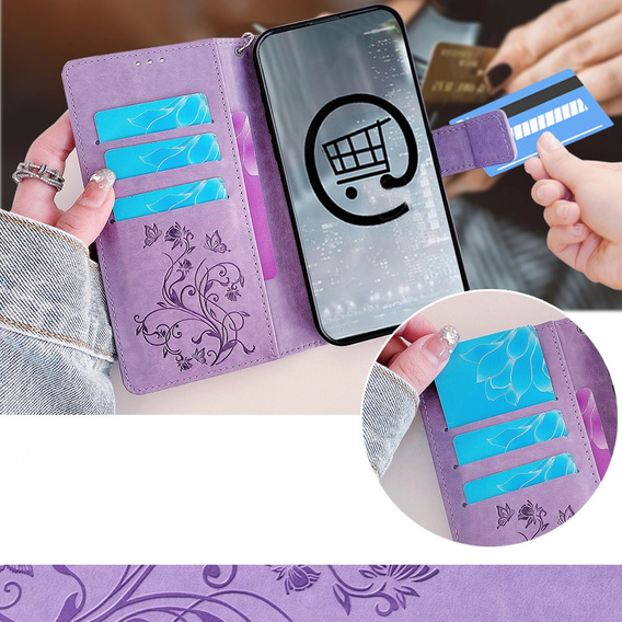 Etui z klapką do Motorola Moto E14, Butterflies, fioletowe