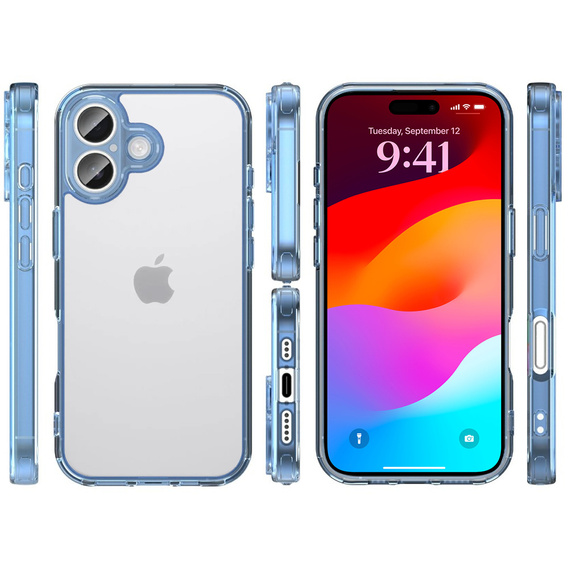 Etui do iPhone 17, z ochroną aparatu, przezroczyste z niebieską ramką