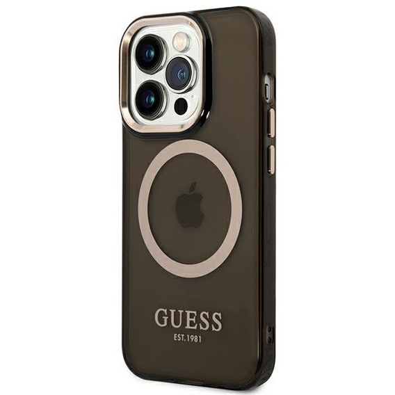 Etui GUESS do iPhone 14 Pro Max, Gold Outline Translucent MagSafe, czarne