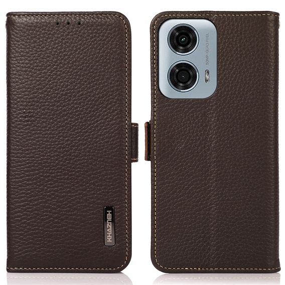 Skórzane Etui KHAZNEH RFID do Motorola Moto G04 / G24 / G24 Power, Litchi Texture, brązowe