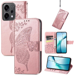 Etui z klapką do Oppo Reno 14, z wytłoczonym wzorem motyla, różowe rose gold