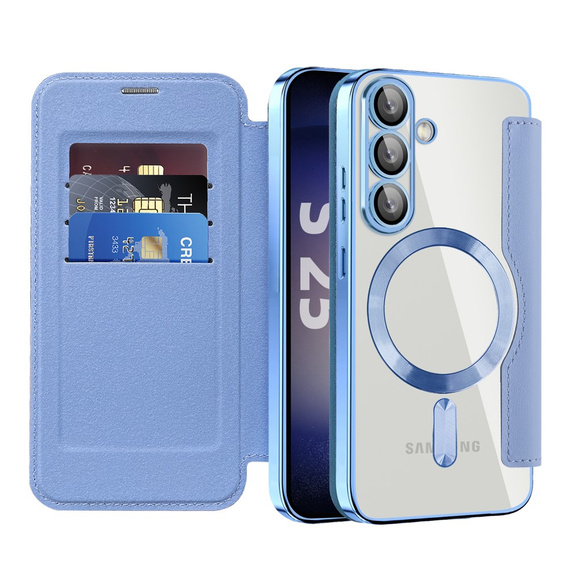 Etui z klapką do Samsung Galaxy S25+ Plus, RFID Wallet MagSafe z ochroną aparatu, niebieskie