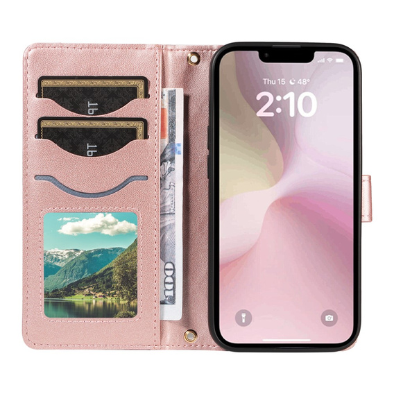 Etui z klapką do iPhone 16E, Rhombus Crossbody Leather, różowe rose gold