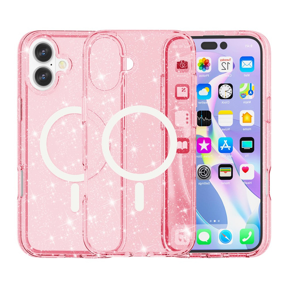 Etui do iPhone 17, do MagSafe, brokatowe, półprzezroczyste różowe