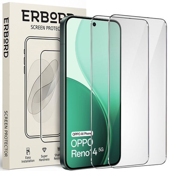2x Szkło Hartowane do Oppo Reno 14, ERBORD 9H Hard Glass, szybka