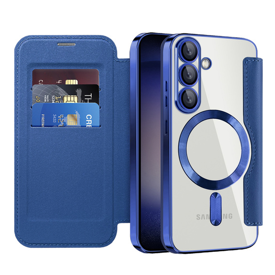Etui z klapką do Samsung Galaxy A17 5G, RFID Wallet MagSafe, przezroczyste / granatowe