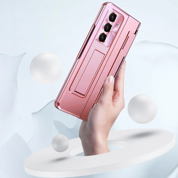 Etui z podstawką do Samsung Galaxy Z Fold7 5G, z ochroną zawiasu, szkłem i rysikiem - różowe