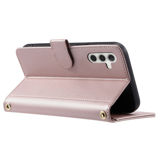 Etui z klapką do Samsung Galaxy S25 FE, Rhombus Crossbody Leather, różowe rose gold