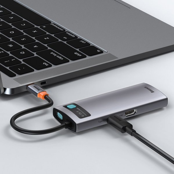 Baseus Metal Gleam Series 6-in-1 Multifunctional Type-C HUB (Type-C → HDMI*1 + USB 3.0*3 + PD*1 + RJ45*1) – szary