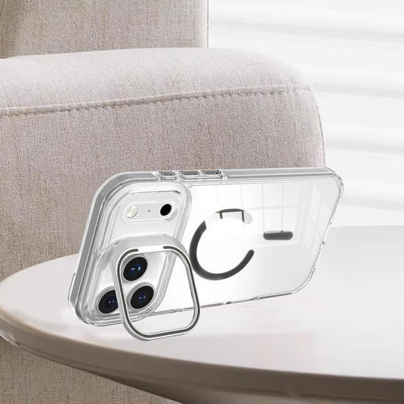 Etui do iPhone 17 Pro, do MagSafe, z podstawką, przezroczyste z szarymi akcentami