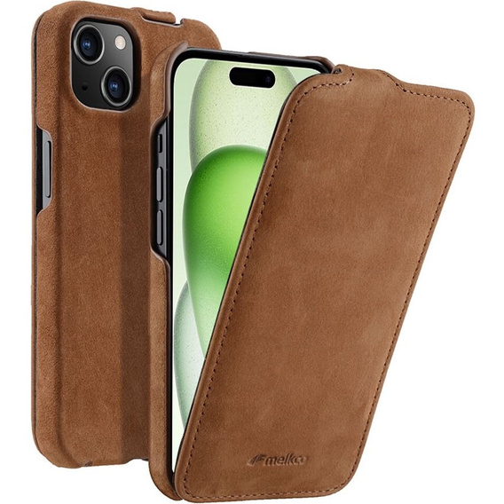 Etui MELKCO z klapką do iPhone 15 Plus, skórzane, flip, kawowe