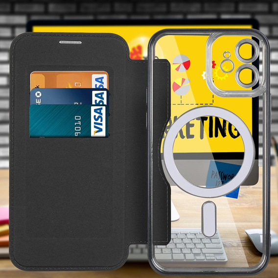 Etui z klapką do iPhone 12, RFID Wallet MagSafe z ochroną aparatu, czarne