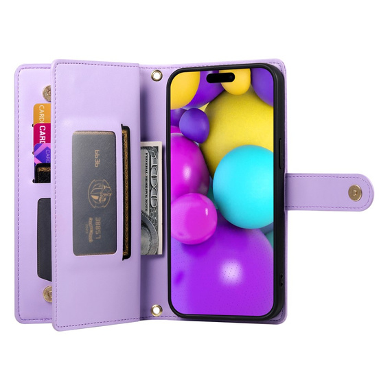 Etui z klapką do iPhone 16, Wallet Zipper Pocket, fioletowe