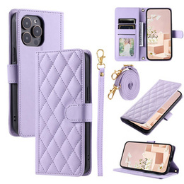 Etui z klapką do iPhone 16 Pro, Rhombus Crossbody Leather, fioletowe