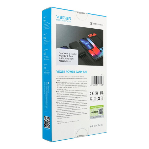 Powerbank VEGER S22 20000 mAh PD QC3.0 20W – Czarny