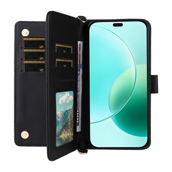 Etui portfelowe do Honor 400 Lite – czarne, z paskiem na ramię i nadgarstek, funkcją podstawki