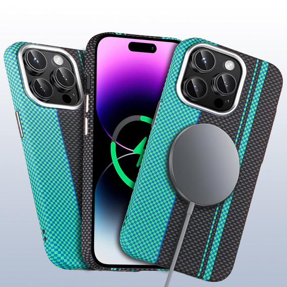 Etui do iPhone 14 Pro Max, Carbon Fiber MagSafe, czarne / niebieskie