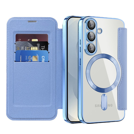 Etui z klapką do Samsung Galaxy S25, RFID Wallet MagSafe z ochroną aparatu, niebieskie