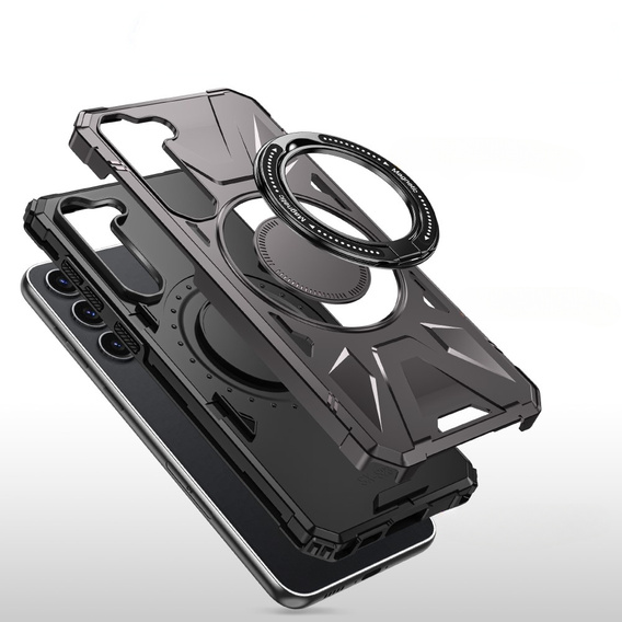 Etui do Samsung Galaxy S24, pancerne z podstawką i blaszką do uchwytu, szare