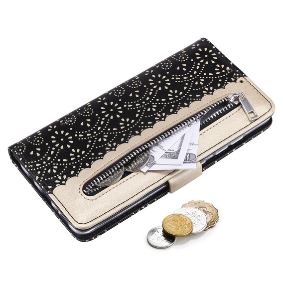 Etui z klapką do Samsung Galaxy S20 FE/5G, Wallet Pocket Zipper Lace, czarne