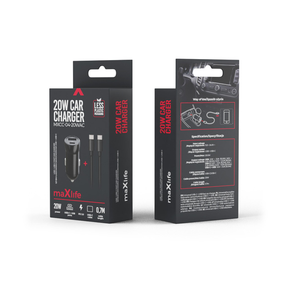 Maxlife ładowarka samochodowa PD/QC MXCC-04 20W (1× USB-C + 1× USB) + kabel USB-C – USB-C 60W, czarna