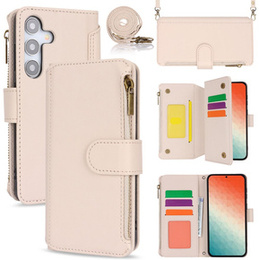 Etui z klapką do Samsung Galaxy S24, Wallet Zipper Pocket RFID, z paskiem na ramię, białe