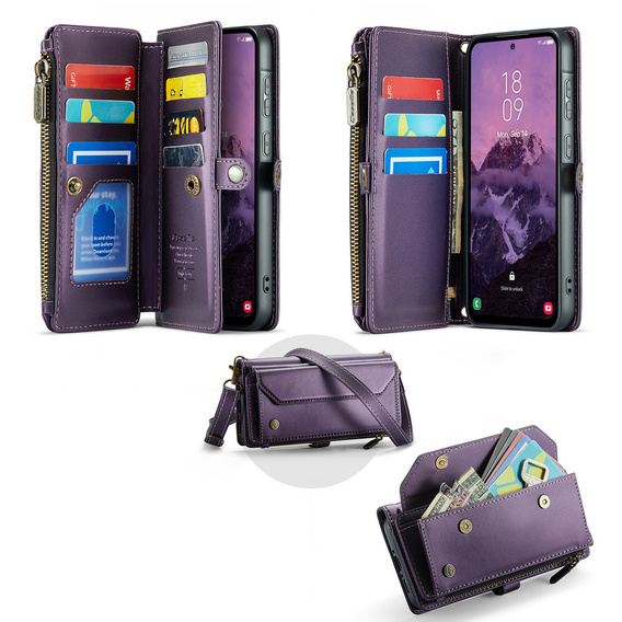 Etui portfelowe z zamkiem i paskami do Samsung Galaxy A17 5G - fioletowe