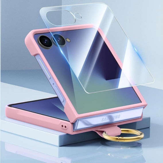Etui Ring Holder do Samsung Galaxy Z Flip7 5G, ze szkłem na ekran zewnętrzny, różowe