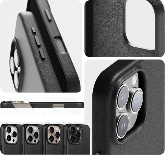 Etui skórzane do iPhone 16 Pro, ERBORD Leather MagSafe, czarne + Szkło na ekran
