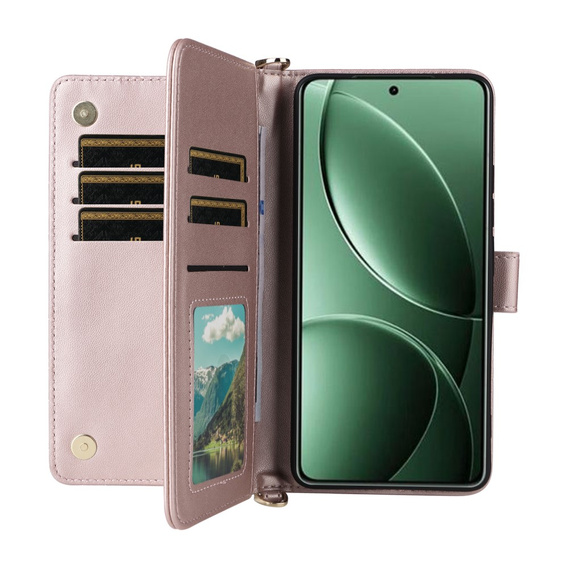Etui z klapką do Xiaomi Poco F7 Ultra, Crossbody Leather Wallet, różowe