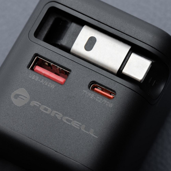 Ładowarka sieciowa do telefonu Forcell F-Energy GaN USB-C + USB-A + zwijany kabel USB-C PD QC4.0 3A 70W VT-R7 - szara
