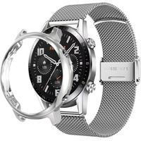 Bransoleta Milanese + Etui z osłoną na ekran do Huawei Watch GT 2 46mm, Srebrny