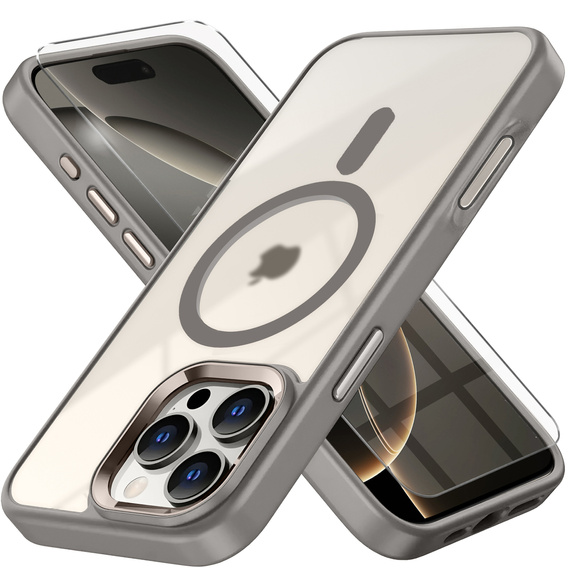 Etui do iPhone 16 Pro, do MagSafe, ERBORD Matt Case, przezroczyste / tytanowe + Szkło na ekran