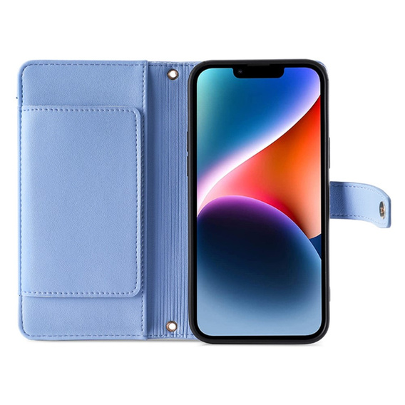 Etui z klapką do iPhone 15, Wallet Zipper Pocket, niebieskie