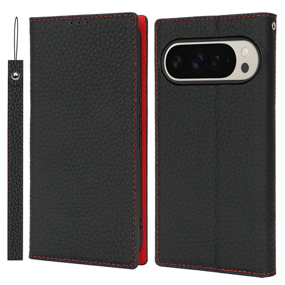 Etui z klapką do Google Pixel 10 Pro XL, Litchi Skin Grain, czarne