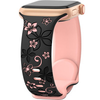 Pasek Silikonowy do Apple Watch 1/2/3/4/5/6/7/8/9/10/SE 38/40/41/42mm, Floral, Czarny / Różowy