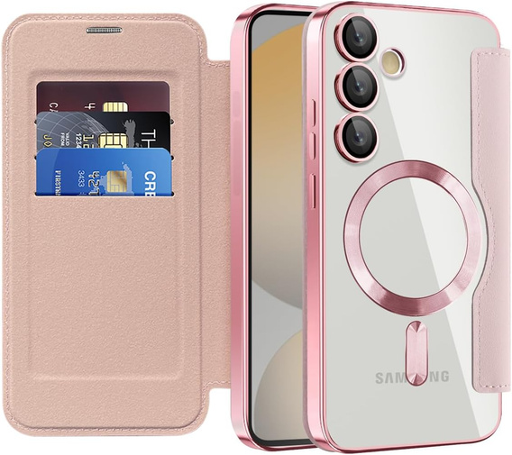 Etui z klapką do Samsung Galaxy S25 FE, RFID Wallet MagSafe z ochroną aparatu, różowe