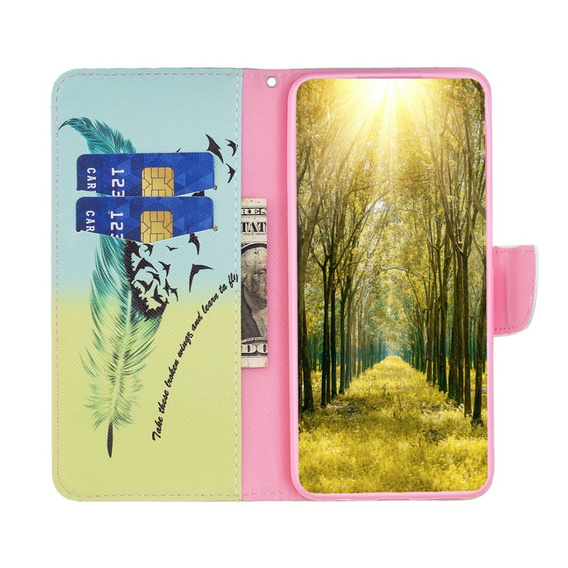 Etui z klapką do Motorola Moto G54 5G, Wallet, Feather niebieskie / żółte