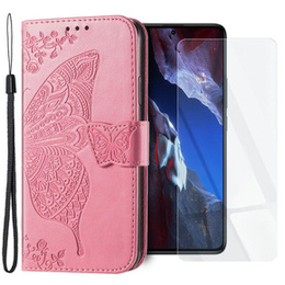 Zestaw Etui z klapką do Xiaomi Poco F5 Pro, Motyl, Różowe + Szkło