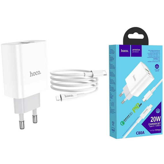 HOCO C80A Ładowarka Sieciowa PD 20W QC3.0 + Kabel USB-C - Lightning 1m, White