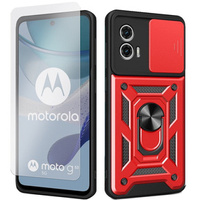 Zestaw Etui do Motorola Moto G53 5G pancerne, z ochroną aparatu i ringiem, czerwone + szkło