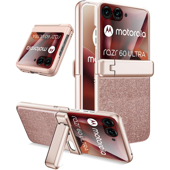 Etui do Motorola Razr 60 Ultra – Glitter PC Case ze szkłem i podstawką - różowe rose gold
