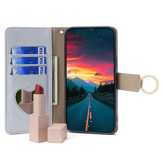 Etui z klapką do iPhone 14 Pro Max, Wallet Zipper Pocket, z lusterkiem, niebieskie