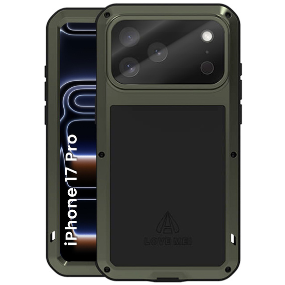 Etui Love Mei do iPhone 17 Pro, pancerne ze szkłem, zielone