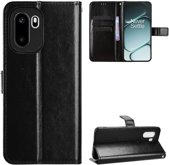 Etui z klapką do OnePlus 15R, Crazy Horse Wallet, czarne