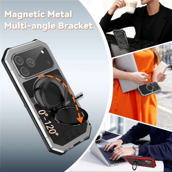 Etui pancerne do iPhone 17 Pro Max, R-JUST, do MagSafe, z podstawką, srebrne