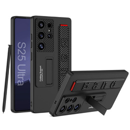 Etui GKK do Samsung Galaxy S25 Ultra z podstawką, paskiem na nadgarstek i teksturą karbonową – czarne